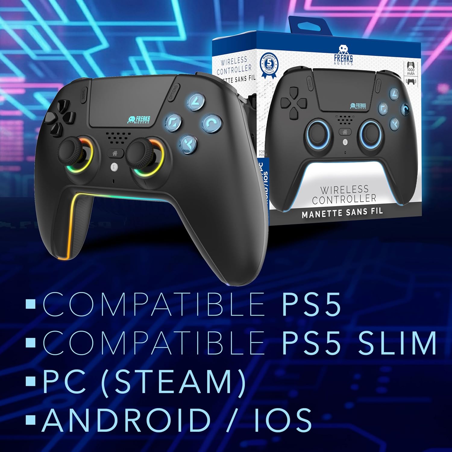 Freaks and Geeks- Bluetooth Wireless Controller for Playstation PS5 with LED