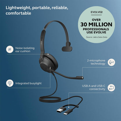 Jabra Evolve2 30 Se Uc Mono - Headset - On-Ear - Wired - Usb-C, Usb-A - Noise Isolating - Uc Certified