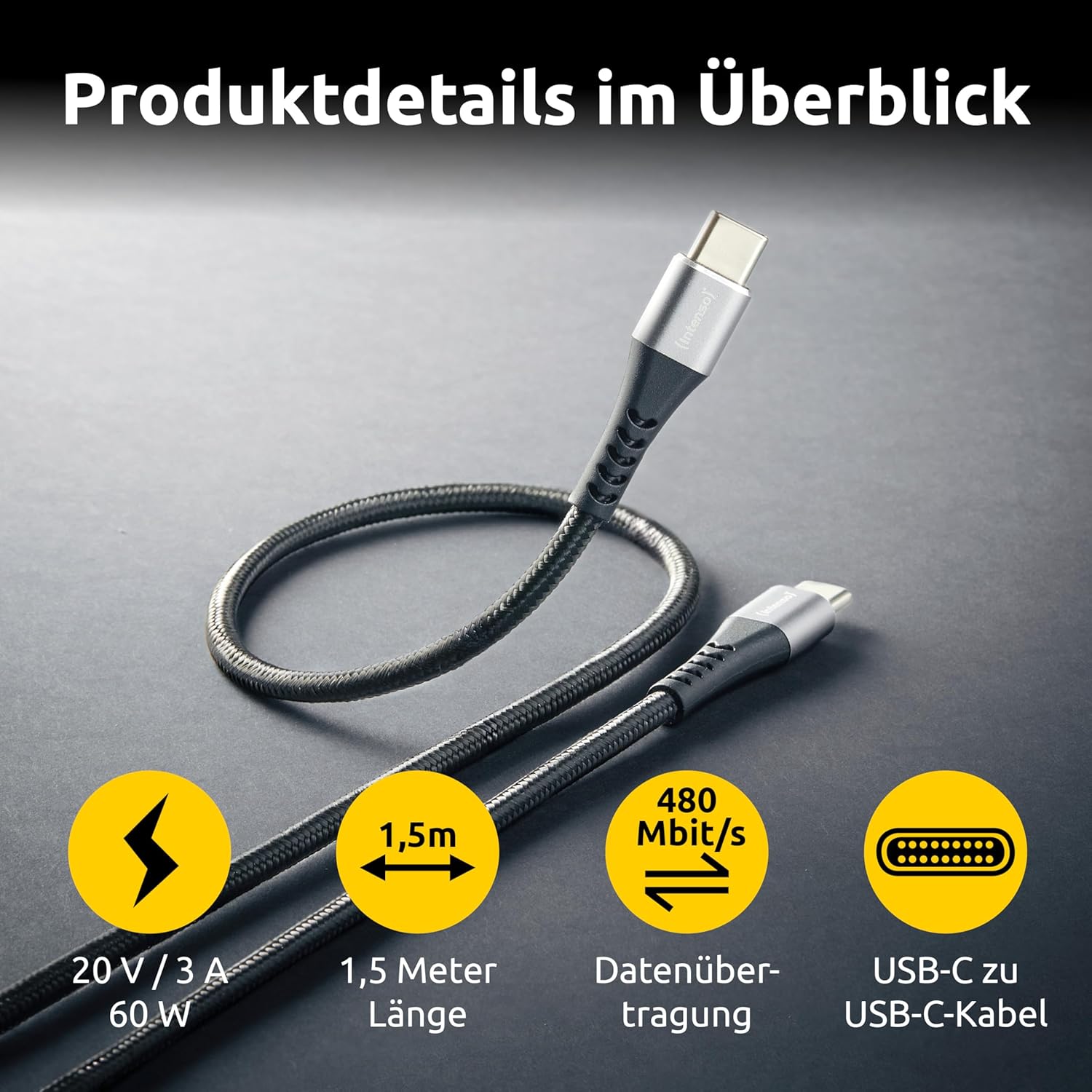 Intenso C315C - Cavo USB-C a USB-C da 60 W, ricarica rapida, 1,5 m, per iPhone, Samsung Galaxy, Macbook, laptop, iPad, colore: Nero