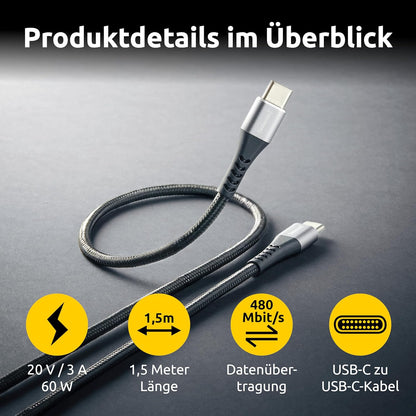Intenso C315C - Cavo USB-C a USB-C da 60 W, ricarica rapida, 1,5 m, per iPhone, Samsung Galaxy, Macbook, laptop, iPad, colore: Nero