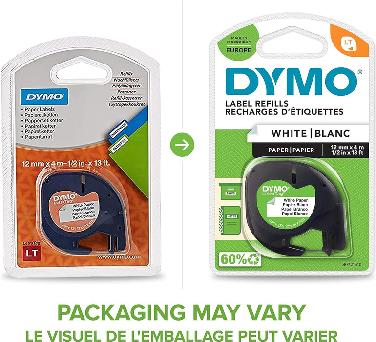 DYMO LetraTag Paper Labels | Authentic | 12 mm x 4 m Roll | Black Print on White | Self-Adhesive Multipurpose Labels for LetraTag Label Makers | Made in Europe
