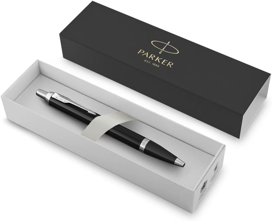 Parker IM Ballpoint Pen, Black Lacquer Chrome Trim with Medium Point Blue Ink Refill (1931665