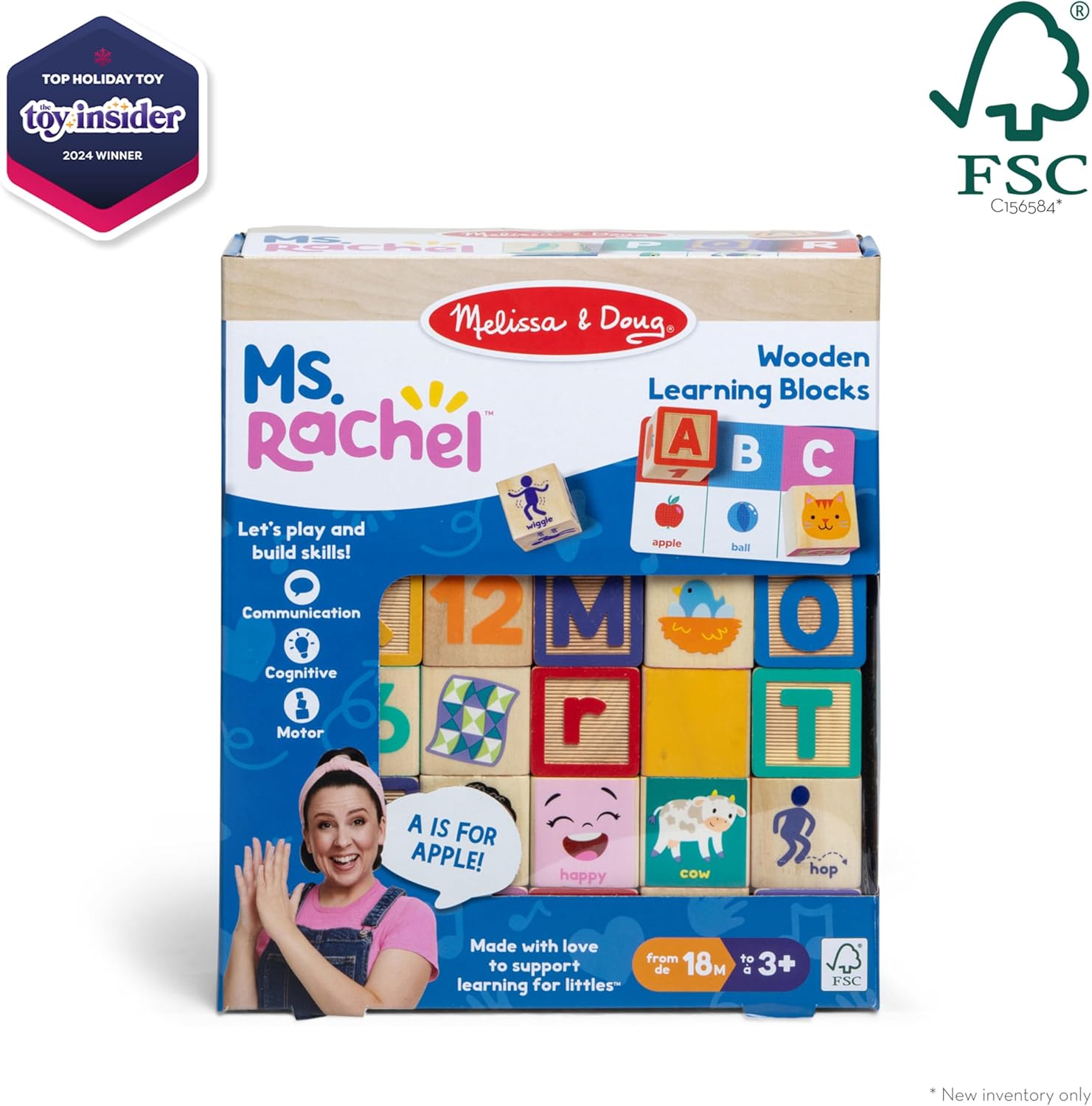 Melissa & Doug Ms. Rachel Letter, Number, and Game Wooden Learning Blocks with Activity Cards for Girls and Boys Toddlers Ages 18 Months