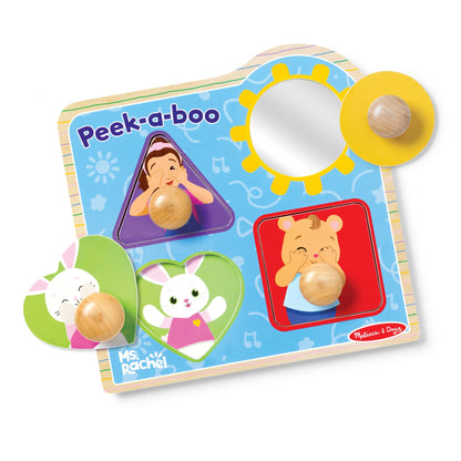 Melissa & Doug Ms Rachel Wooden Peek-a-Boo Jumbo Peg Puzzle, 4-Piece with Mirror, Toddler Toys for Boys and Girls Ages 1+ Years