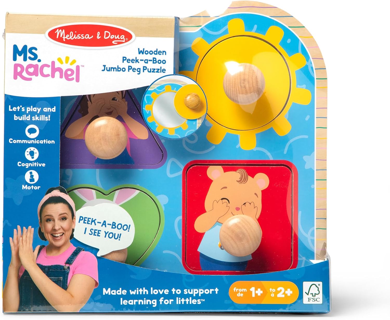 Melissa & Doug Ms Rachel Wooden Peek-a-Boo Jumbo Peg Puzzle, 4-Piece with Mirror, Toddler Toys for Boys and Girls Ages 1+ Years