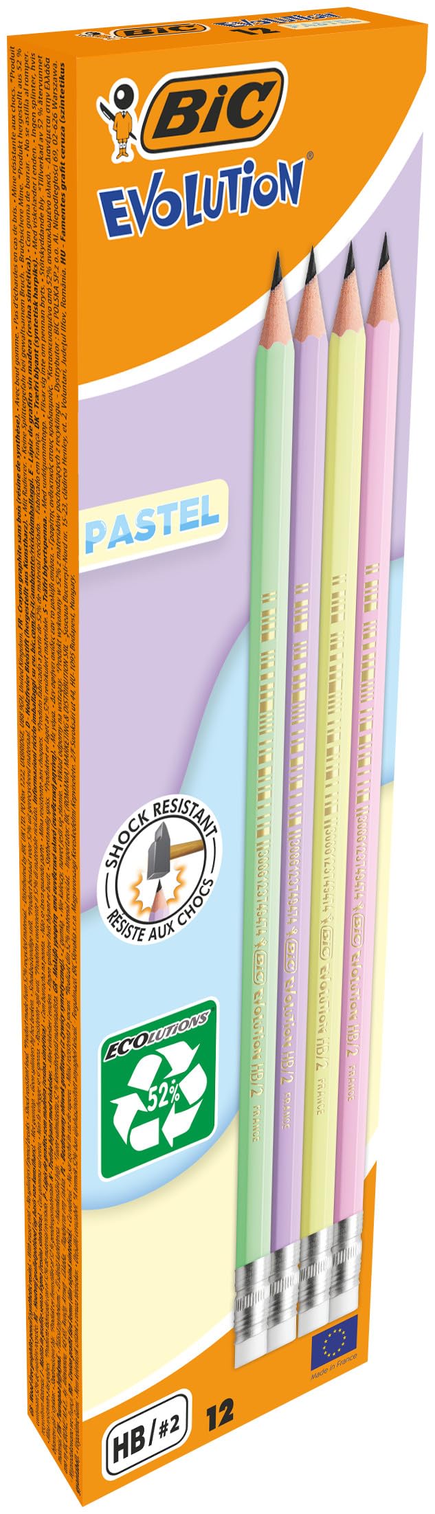 BIC Matite in Grafite Evolution Pastel con Gomma per Cancellare e Mina HB Resistente agli Urti - 4 Diversi Colori del Fusto, Pacco da 12