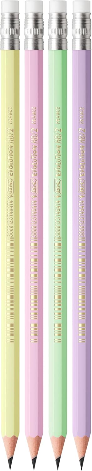 BIC Matite in Grafite Evolution Pastel con Gomma per Cancellare e Mina HB Resistente agli Urti - 4 Diversi Colori del Fusto, Pacco da 12