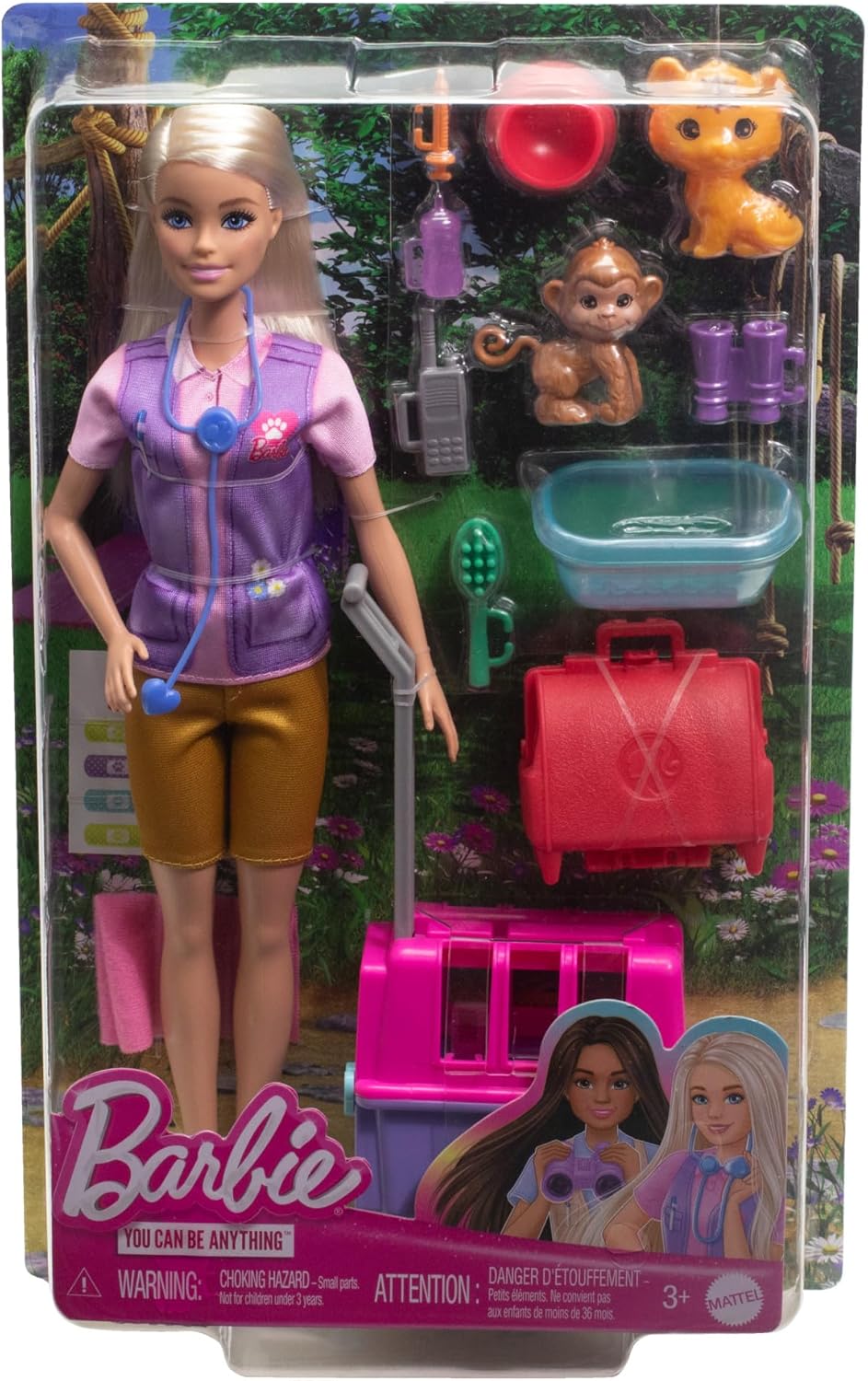 Barbie Careers Doll & Accessories, Animal Rescue & Recovery Playset with Blonde Doll, Baby Monkey & Tiger Figures, Carrier & More, HRG50