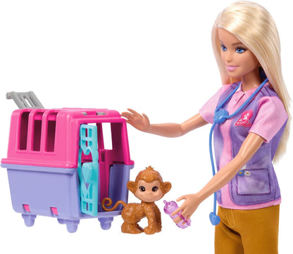 Barbie Careers Doll & Accessories, Animal Rescue & Recovery Playset with Blonde Doll, Baby Monkey & Tiger Figures, Carrier & More, HRG50