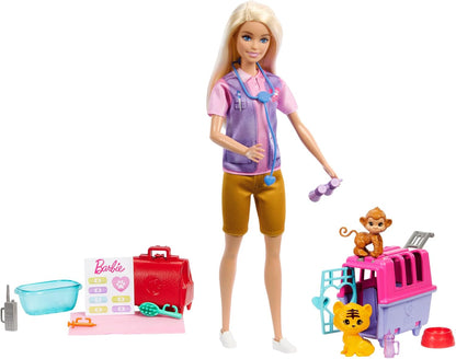 Barbie Careers Doll & Accessories, Animal Rescue & Recovery Playset with Blonde Doll, Baby Monkey & Tiger Figures, Carrier & More, HRG50