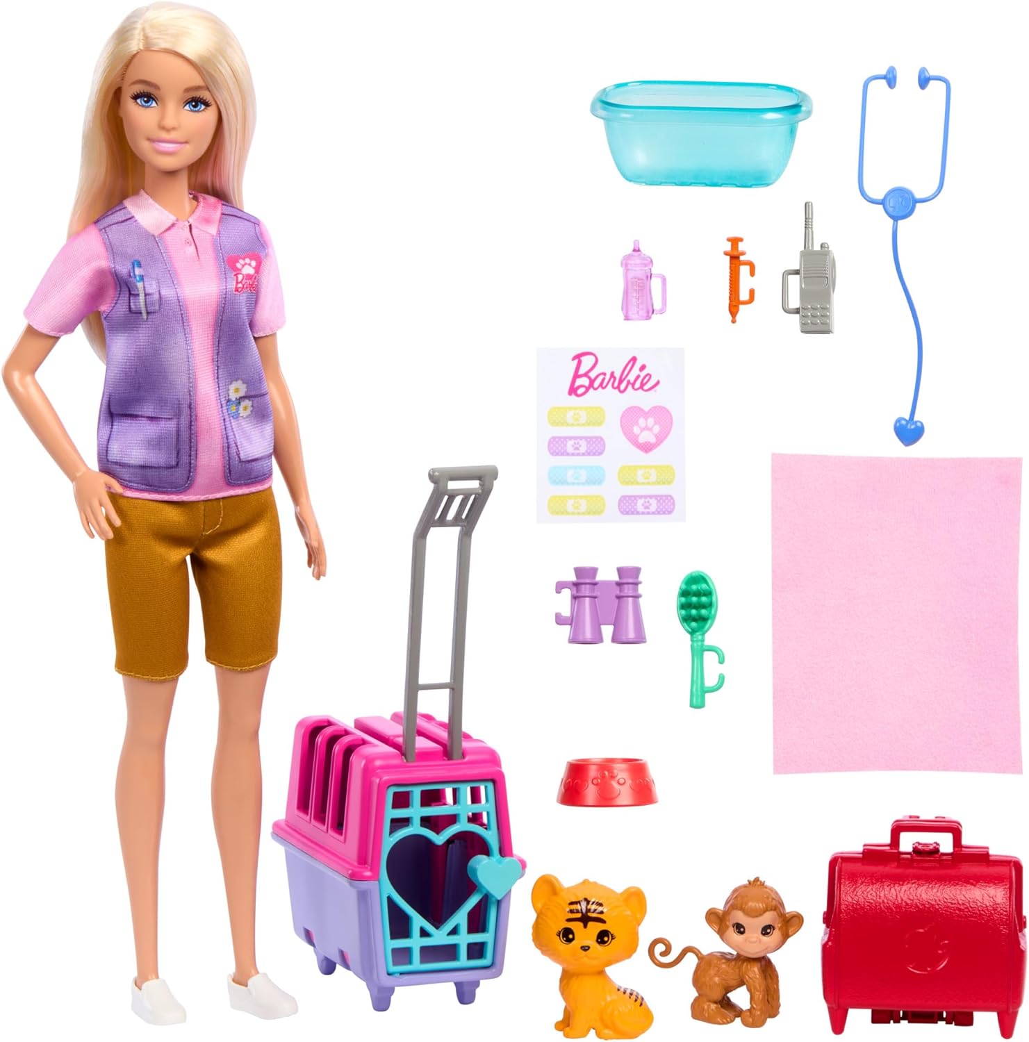 Barbie Careers Doll & Accessories, Animal Rescue & Recovery Playset with Blonde Doll, Baby Monkey & Tiger Figures, Carrier & More, HRG50