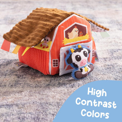 Lamaze Peek-a-Moo Friendly Barn Sensory Educational Toy with Plush Toys and Soft Barn, High Contrast Patterns and Bright Colours, Farm Toy for Babies