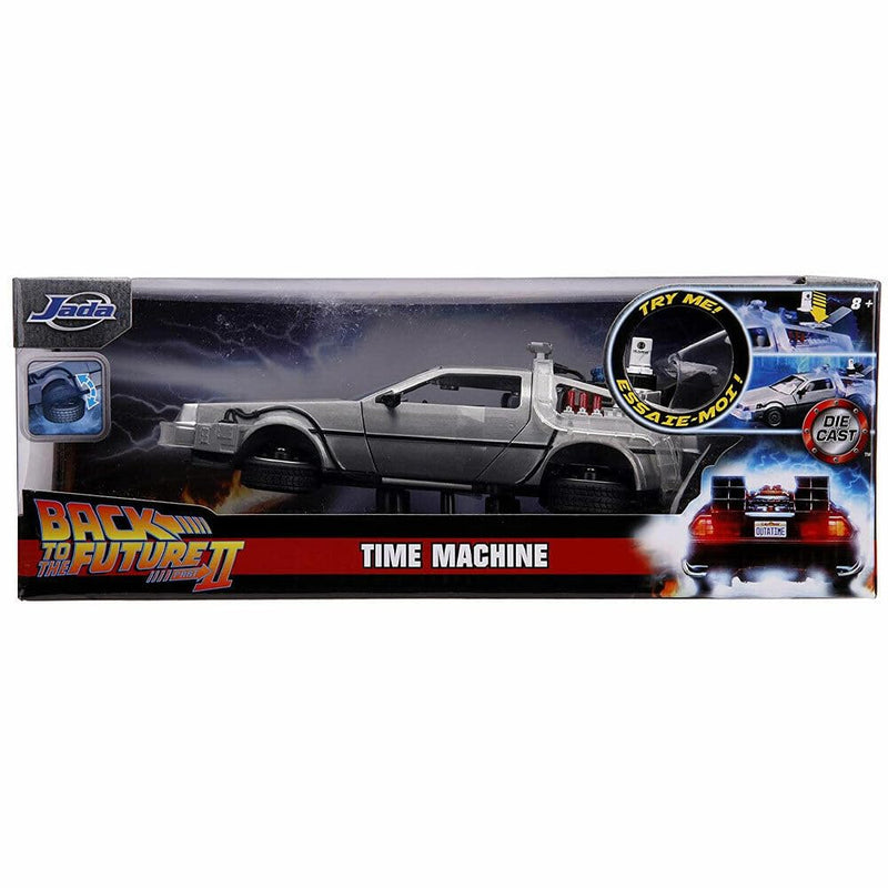 Jada Toys 253255021 Time Machine Back to The Future 2, Spielzeugauto aus Die-cast, Türen, Motorhaube, Kofferraum zum Öffnen, drehende Räder, Licht, inkl. Batterien, Grau, 1:24