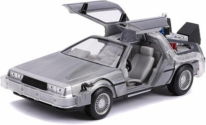 Jada Toys 253255021 Time Machine Back to The Future 2, Spielzeugauto aus Die-cast, Türen, Motorhaube, Kofferraum zum Öffnen, drehende Räder, Licht, inkl. Batterien, Grau, 1:24