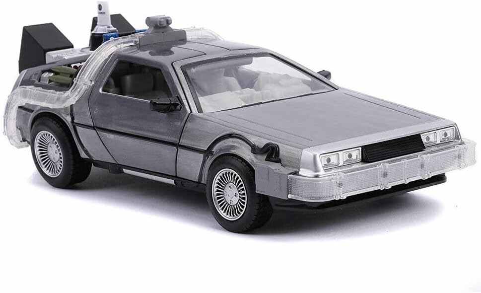 Jada Toys 253255021 Time Machine Back to The Future 2, Spielzeugauto aus Die-cast, Türen, Motorhaube, Kofferraum zum Öffnen, drehende Räder, Licht, inkl. Batterien, Grau, 1:24