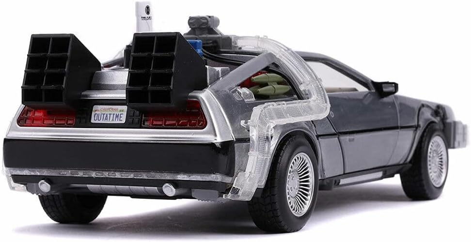 Jada Toys 253255021 Time Machine Back to The Future 2, Spielzeugauto aus Die-cast, Türen, Motorhaube, Kofferraum zum Öffnen, drehende Räder, Licht, inkl. Batterien, Grau, 1:24