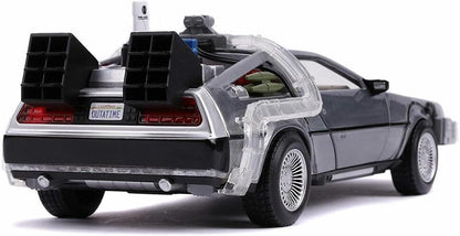 Jada Toys 253255021 Time Machine Back to The Future 2, Spielzeugauto aus Die-cast, Türen, Motorhaube, Kofferraum zum Öffnen, drehende Räder, Licht, inkl. Batterien, Grau, 1:24