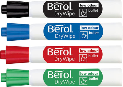 Berol Dry Wipe Whiteboard Marker Pens | Bullet Tip | Black, Blue, Red & Green | 4 Count
