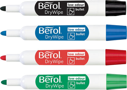 Berol Dry Wipe Whiteboard Marker Pens | Bullet Tip | Black, Blue, Red & Green | 4 Count