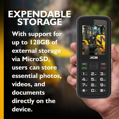 JCB Tradesman 2F Rugged Mobile Phone, Floating Design, IP69K Waterproof, MIL-STD-810H Drop Tested, 4G Dual SIM, Glove-Friendly Buttons, Large Button, Torch, Expandable Storage up to 128GB