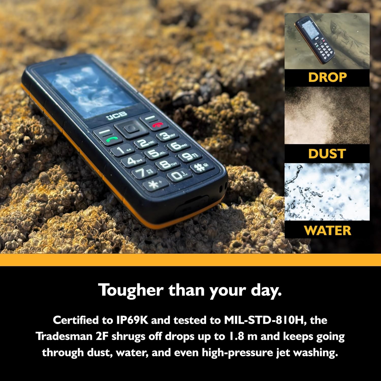 JCB Tradesman 2F Rugged Mobile Phone, Floating Design, IP69K Waterproof, MIL-STD-810H Drop Tested, 4G Dual SIM, Glove-Friendly Buttons, Large Button, Torch, Expandable Storage up to 128GB