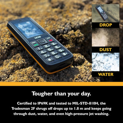 JCB Tradesman 2F Rugged Mobile Phone, Floating Design, IP69K Waterproof, MIL-STD-810H Drop Tested, 4G Dual SIM, Glove-Friendly Buttons, Large Button, Torch, Expandable Storage up to 128GB