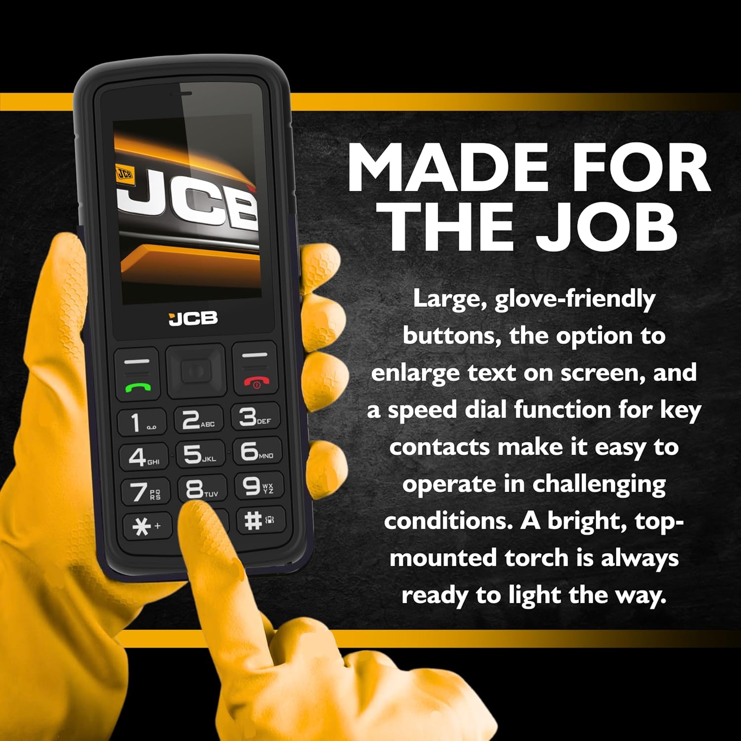 JCB Tradesman 2F Rugged Mobile Phone, Floating Design, IP69K Waterproof, MIL-STD-810H Drop Tested, 4G Dual SIM, Glove-Friendly Buttons, Large Button, Torch, Expandable Storage up to 128GB