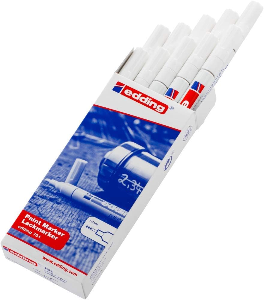 edding 751 paint marker - white - 10 pens - round tip 1-2 mm - paint marker for marking and labelling metal, glass, rocks or plastic - heat-resistant, permanent, smudge-proof and waterproof