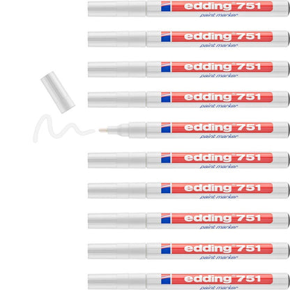 edding 751 paint marker - white - 10 pens - round tip 1-2 mm - paint marker for marking and labelling metal, glass, rocks or plastic - heat-resistant, permanent, smudge-proof and waterproof