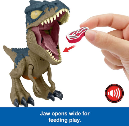 Mattel Jurassic World: Teoria del Caos Netflix - Chomp Chomp - Allosauro Mega Ruggito, dinosauro con suoni e fauci apribili tirando la zampa, ruggito sempre più forte e divertente,4+ anni, Blu,HVB45