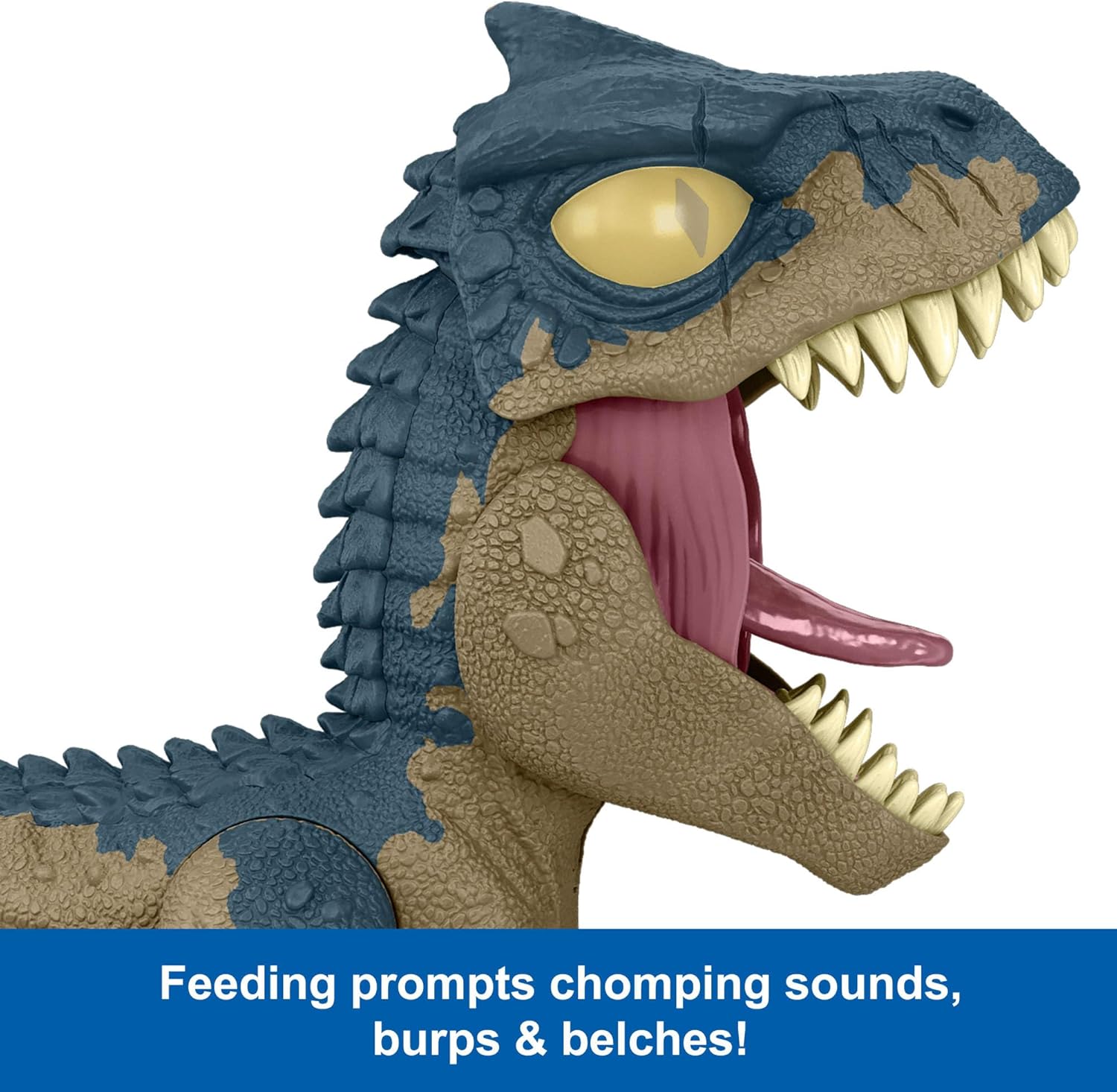 Mattel Jurassic World: Teoria del Caos Netflix - Chomp Chomp - Allosauro Mega Ruggito, dinosauro con suoni e fauci apribili tirando la zampa, ruggito sempre più forte e divertente,4+ anni, Blu,HVB45