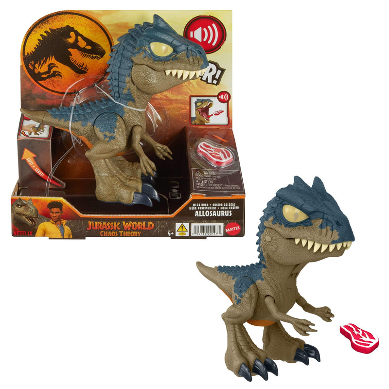 Mattel Jurassic World: Teoria del Caos Netflix - Chomp Chomp - Allosauro Mega Ruggito, dinosauro con suoni e fauci apribili tirando la zampa, ruggito sempre più forte e divertente,4+ anni, Blu,HVB45