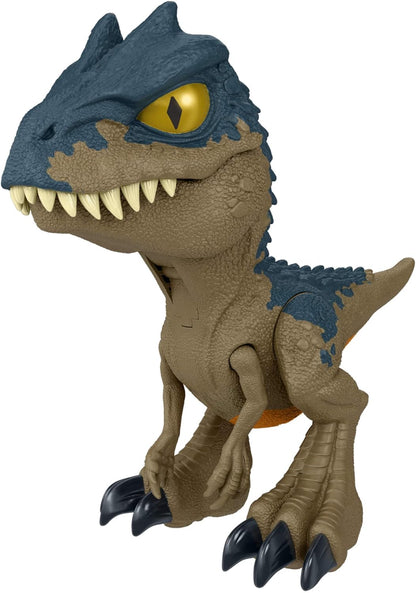Mattel Jurassic World: Teoria del Caos Netflix - Chomp Chomp - Allosauro Mega Ruggito, dinosauro con suoni e fauci apribili tirando la zampa, ruggito sempre più forte e divertente,4+ anni, Blu,HVB45