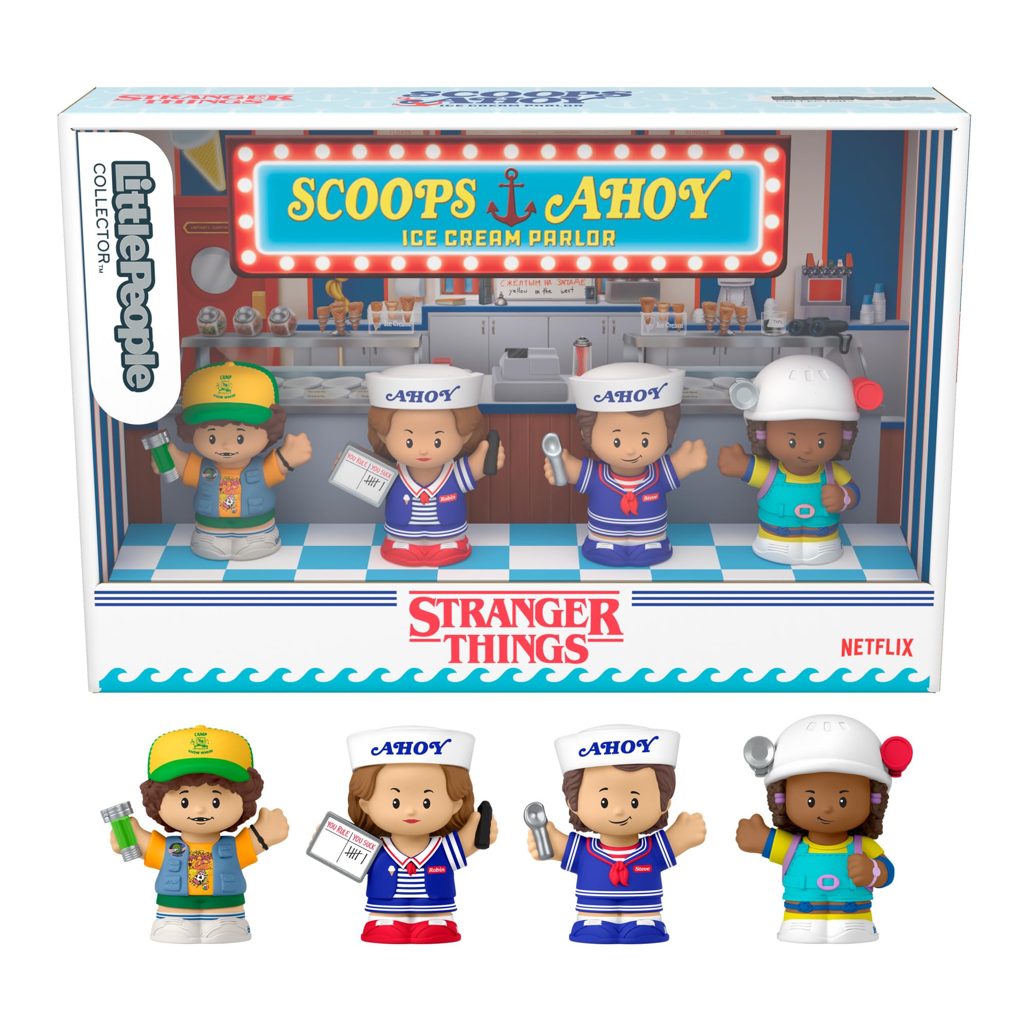 Little People Collector - Stranger Things: Truppa dei Coni, set in Edizione Speciale ispirato alla serie Netflix, 4 personaggi e confezione da esposizione, giocattolo da collezione, 13+ anni, HVG76