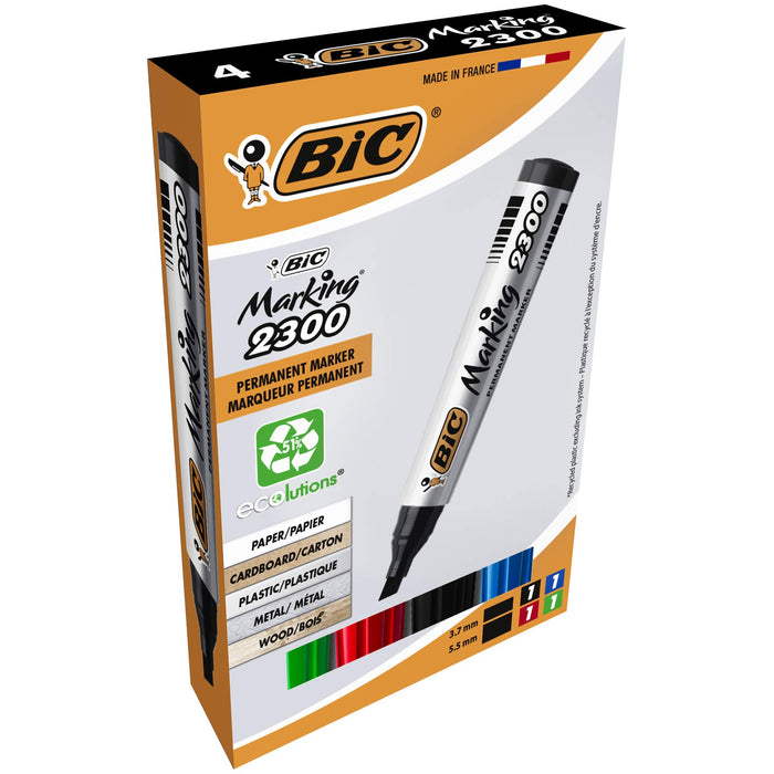 BIC Marking 2300 Ecolutions Permanent Markers - Assorted Colours, Pack of 4 Markers With Chisel Tip - 3.7 to 5.5 mm