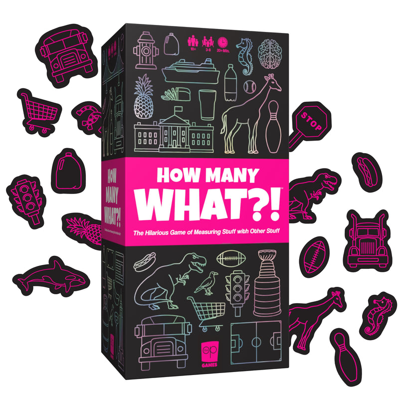 USAopoly How Many What?! – Hilarious Party Game of Ridiculous Comparisons – Family Game Night Favorite – For 3–8 Players – Ages 10+ – Includes 150 Cards, Dry-Erase Boards, and Tokens