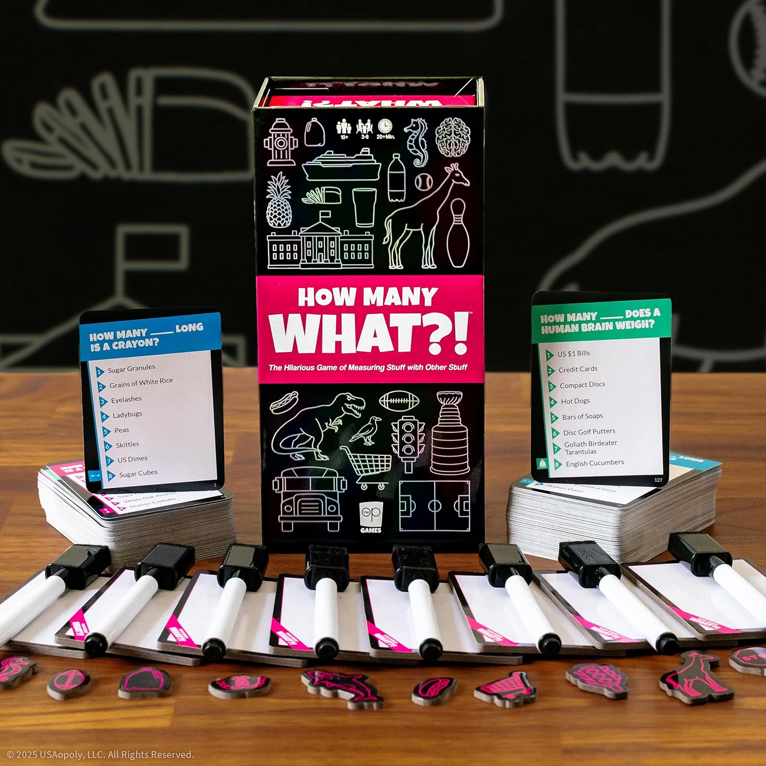 USAopoly How Many What?! – Hilarious Party Game of Ridiculous Comparisons – Family Game Night Favorite – For 3–8 Players – Ages 10+ – Includes 150 Cards, Dry-Erase Boards, and Tokens