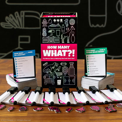 USAopoly How Many What?! – Hilarious Party Game of Ridiculous Comparisons – Family Game Night Favorite – For 3–8 Players – Ages 10+ – Includes 150 Cards, Dry-Erase Boards, and Tokens