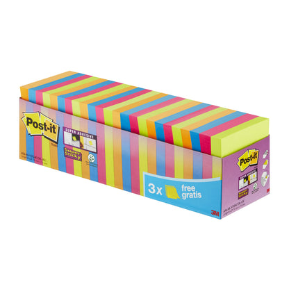 Post-it Super Sticky Notes Pads, 90 Sheets per Pad, 76 mm x 76 mm, Green, Pink, Blue, Orange Colors - Extra Sticky Notes for Note Taking, to Do Lists & Reminders, 24 Count (Pack of 1