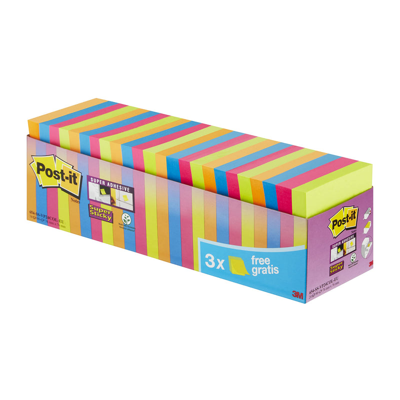 Post-it Super Sticky Notes Pads, 90 Sheets per Pad, 76 mm x 76 mm, Green, Pink, Blue, Orange Colors - Extra Sticky Notes for Note Taking, to Do Lists & Reminders, 24 Count (Pack of 1