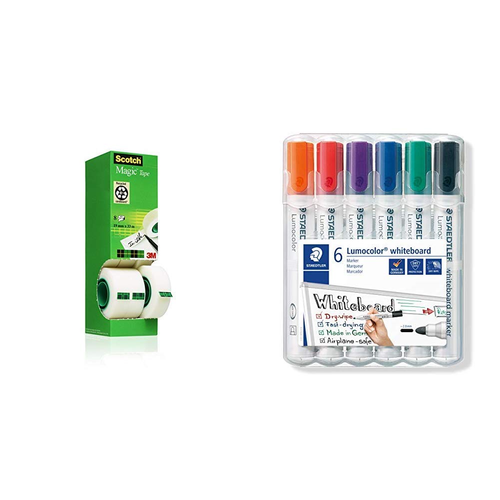 Scotch Magic Invisible Tape 8 Rolls 19 mm x 33 m General Purpose Sticky Tape for Document Repair & STAEDTLER 351WP6 Lumocolour Whiteboard Marker with Bullet Tip, Multicolor, Pack of 6