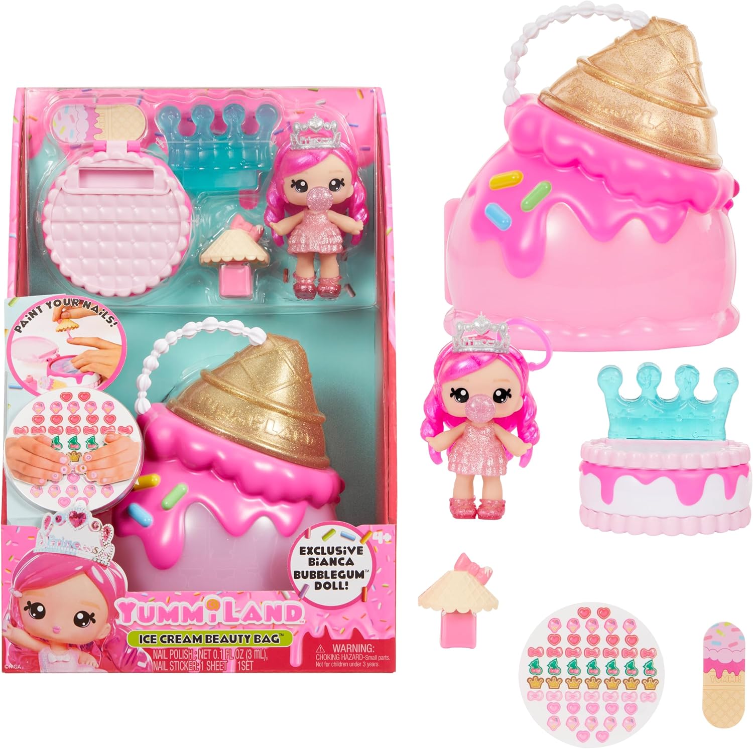 Yummiland Beauty Bag Playset + Lip Gloss Doll - Ice Cream Bag - Includes Bianca Bubblegum Exclusiva, Esmalte + Pegatinas de Uñas, Manicura, Juego de Muñecas, Juego de Cosmética, para Niños 4+ Años