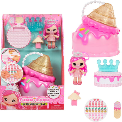Yummiland Beauty Bag Playset + Lip Gloss Doll - Ice Cream Bag - Includes Bianca Bubblegum Exclusiva, Esmalte + Pegatinas de Uñas, Manicura, Juego de Muñecas, Juego de Cosmética, para Niños 4+ Años