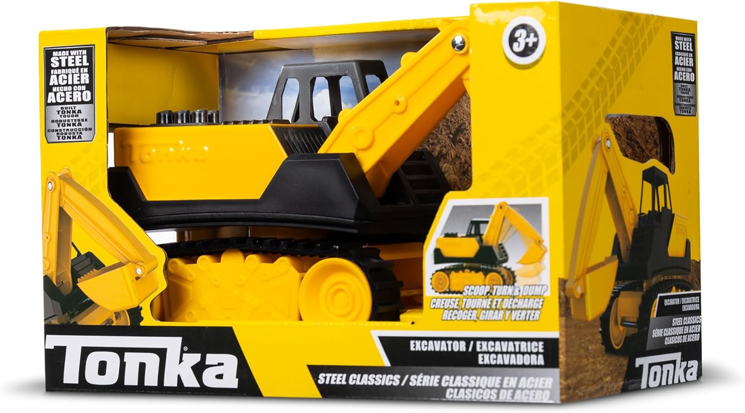 Basic Fun Tonka Mini Steel Classics Excavator – Steel Construction, Movable Grapple Bucket, Rolling Treads, Classic Yellow Design – Perfect for Kids 3+