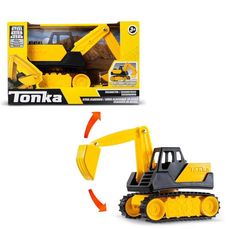 Basic Fun Tonka Mini Steel Classics Excavator – Steel Construction, Movable Grapple Bucket, Rolling Treads, Classic Yellow Design – Perfect for Kids 3+