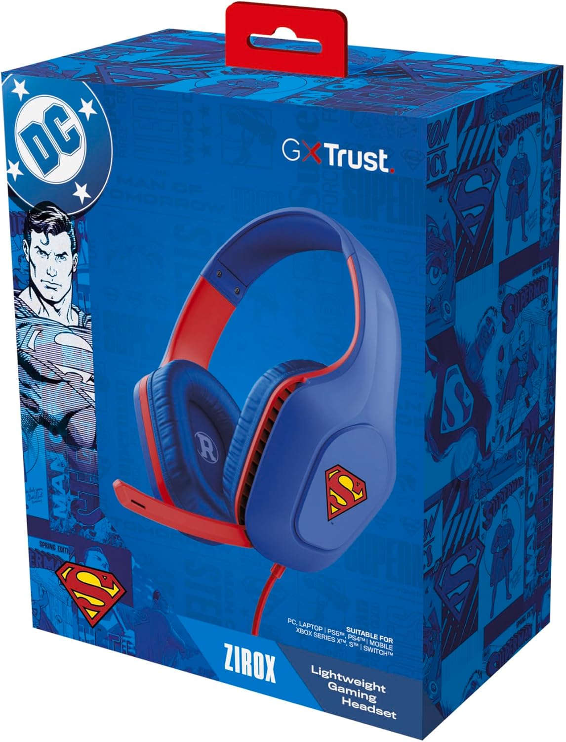 GXTrust 415SM Zirox Cuffie Gaming con Licenza Superman per PC Xbox PS4 PS5 Switch Mobile, Driver da 50mm, Jack Audio 3.5 mm, Cavo 1.2m, Cuffie con Microfono Leggere Over-Ear, Blu