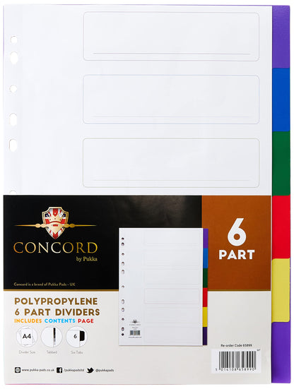 Concord Plastic Subject Dividers Polypropylene 120 Micron Europunched 6-Part A4 Assorted Ref 65889