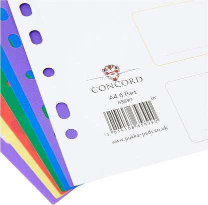 Concord Plastic Subject Dividers Polypropylene 120 Micron Europunched 6-Part A4 Assorted Ref 65889