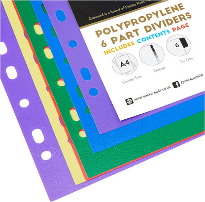 Concord Plastic Subject Dividers Polypropylene 120 Micron Europunched 6-Part A4 Assorted Ref 65889
