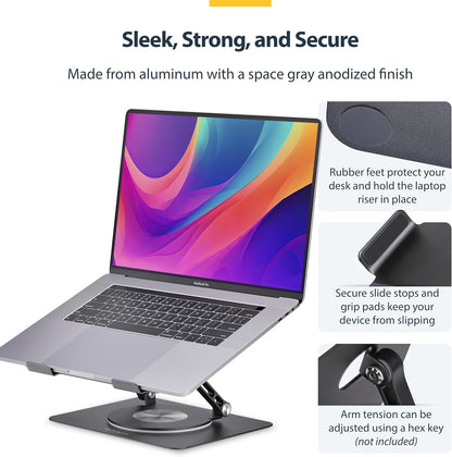 StarTech.com Rotating Laptop Stand, 360 Swivel, Ergonomic Desk Riser for Computer, Adjustable Height/Tilt, 11lb/5kg, Aluminum